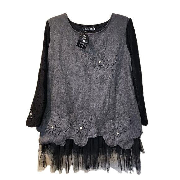 KAWAII LOLITA YI LA KE GREY FLANNEL LACE FLOWERS PEARLS TOP XL (READ) - Picture 1 of 9